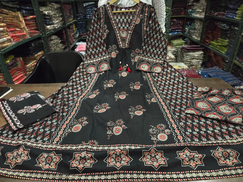 Women's Hand Work Cotton Anarkali Kurta Palazzo & Dupatta Ethnic Set