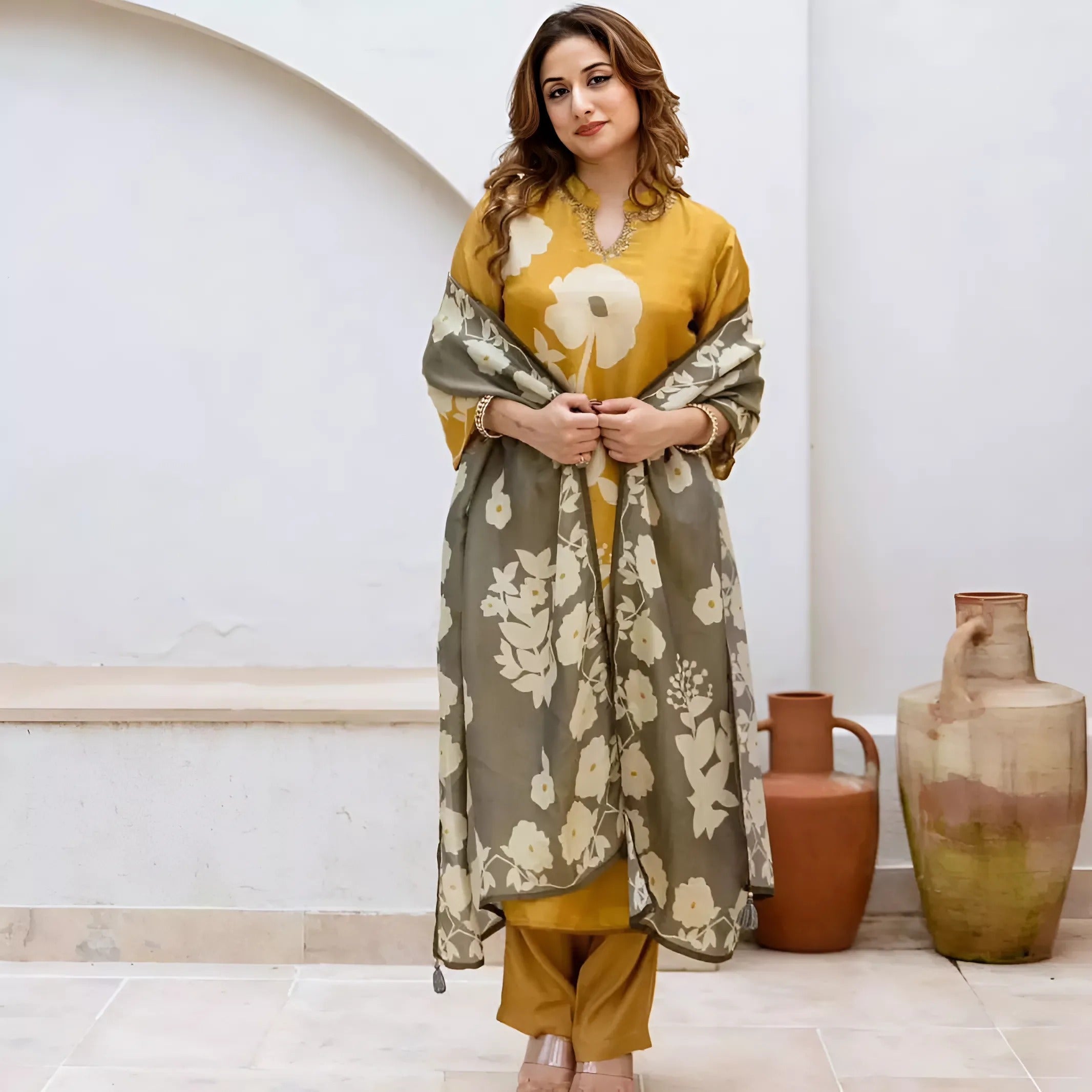 Mustard Pure Cotton Kurti Pant Dupatta Set With Handcrafted Detailing