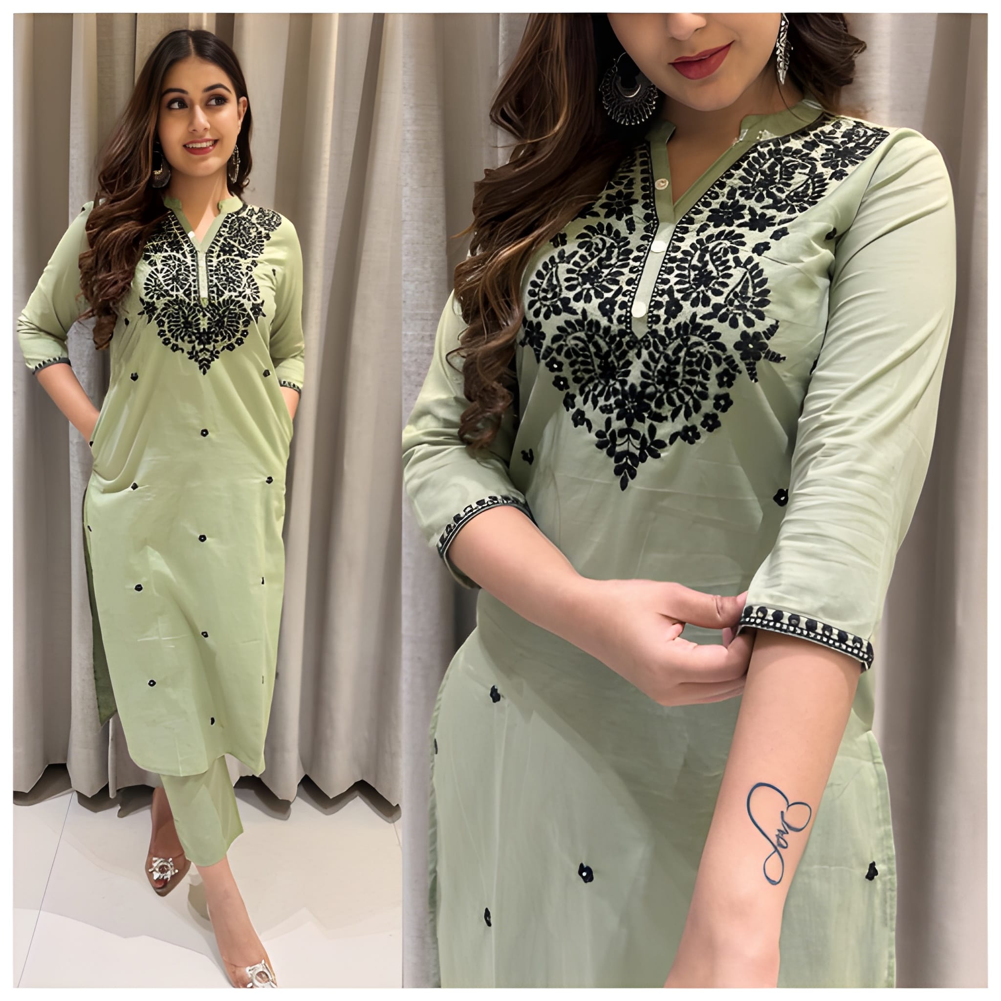 Embroidered Pure Cotton Kurti with Afghani Pant – Mint Green Set