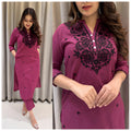 Embroidered Pure Cotton Kurti with Afghani Pant – Wine Set