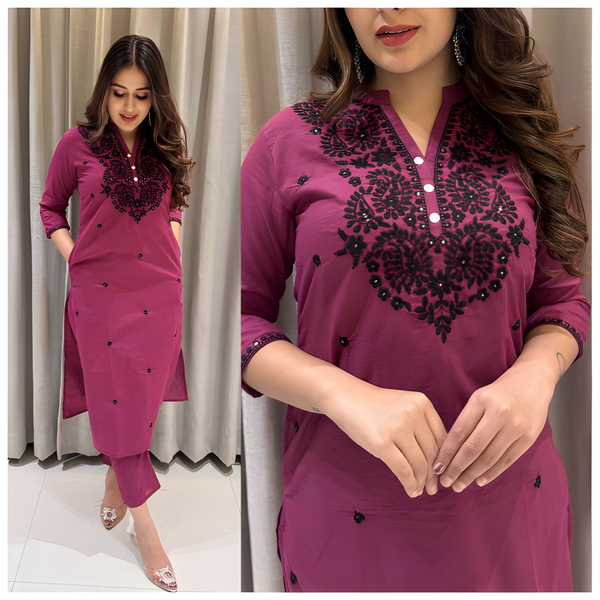 Embroidered Pure Cotton Kurti with Afghani Pant – Wine Set