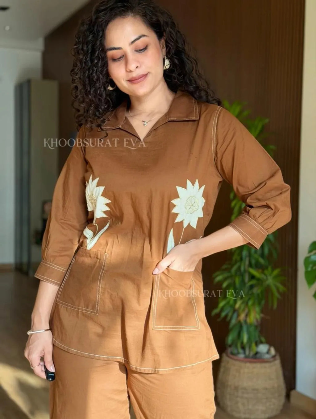 Brown Women's Premium Cotton Flex Embroidered Kurta Co-Ord Set