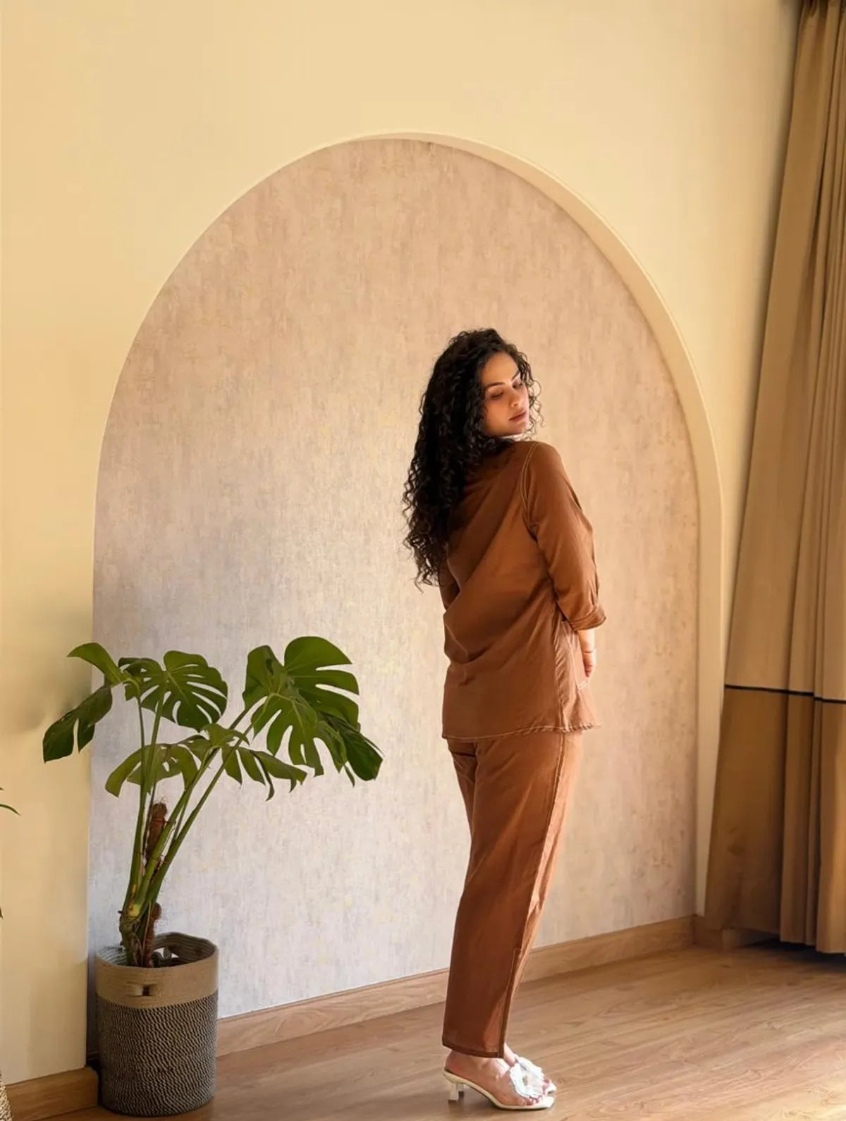 Brown Women's Premium Cotton Flex Embroidered Kurta Co-Ord Set