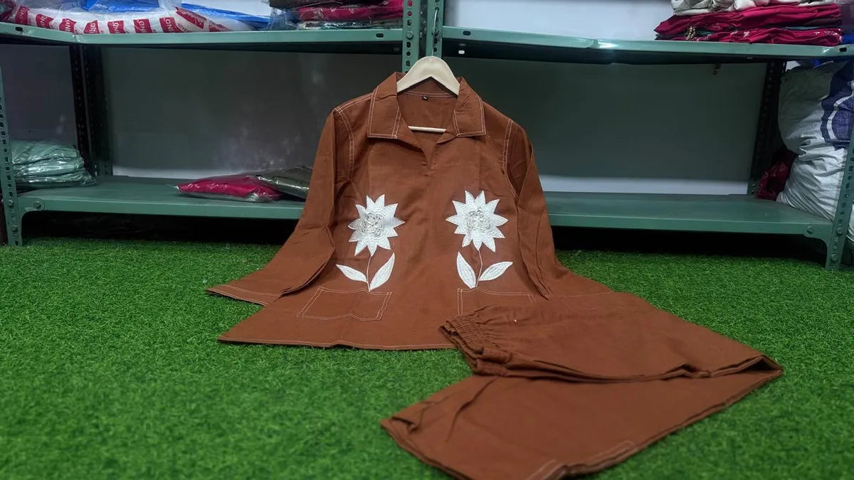 Brown Women's Premium Cotton Flex Embroidered Kurta Co-Ord Set