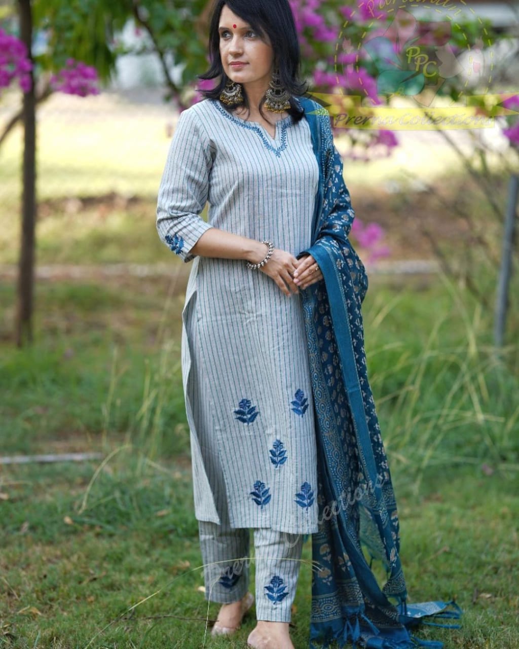Multicolor Elegant Handloom Embroidery Printed Kurti Pant And Dupatta Set