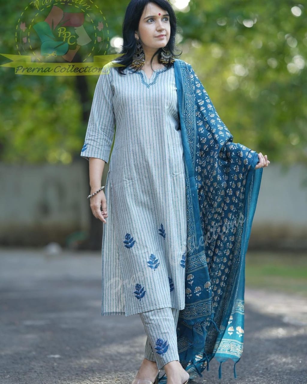 Multicolor Elegant Handloom Embroidery Printed Kurti Pant And Dupatta Set