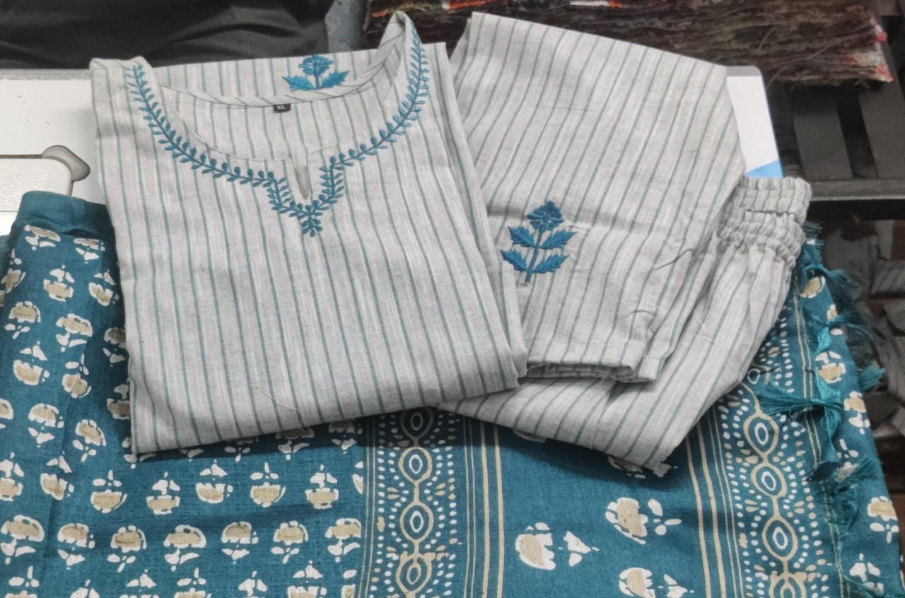 Multicolor Elegant Handloom Embroidery Printed Kurti Pant And Dupatta Set