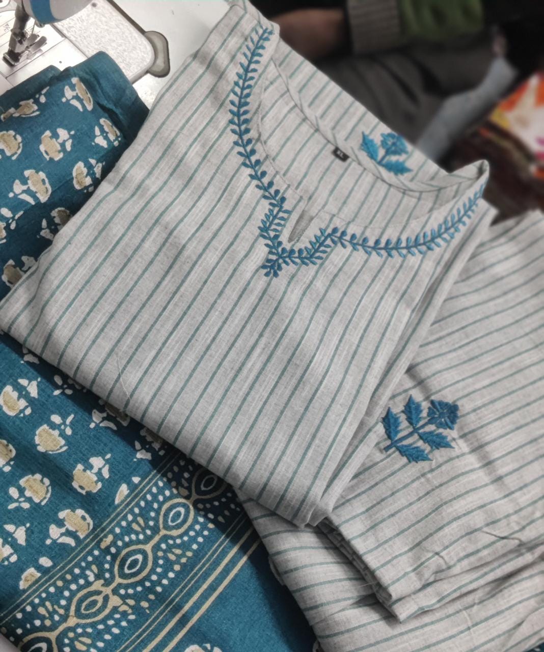 Multicolor Elegant Handloom Embroidery Printed Kurti Pant And Dupatta Set