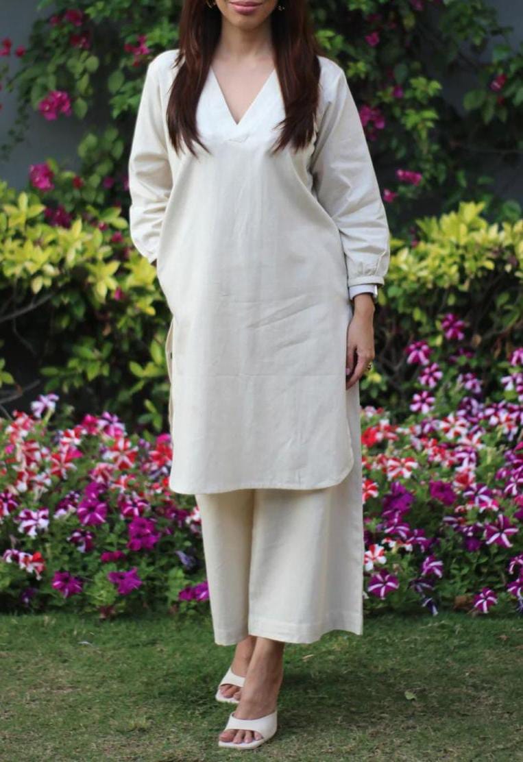 White Premium Cotton Slub Kurta And Pant Set For Women