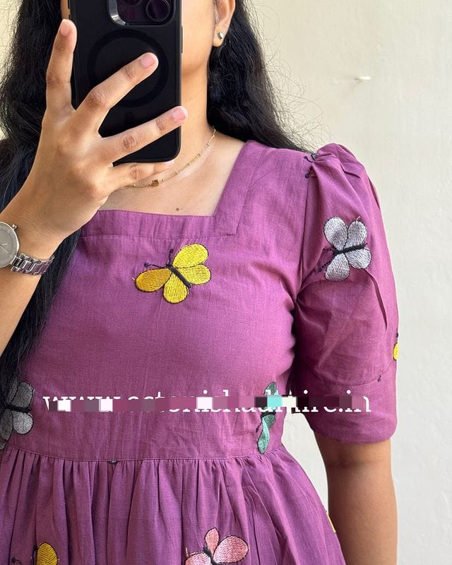 Wine Butterfly Print Cotton Kurti For Women
