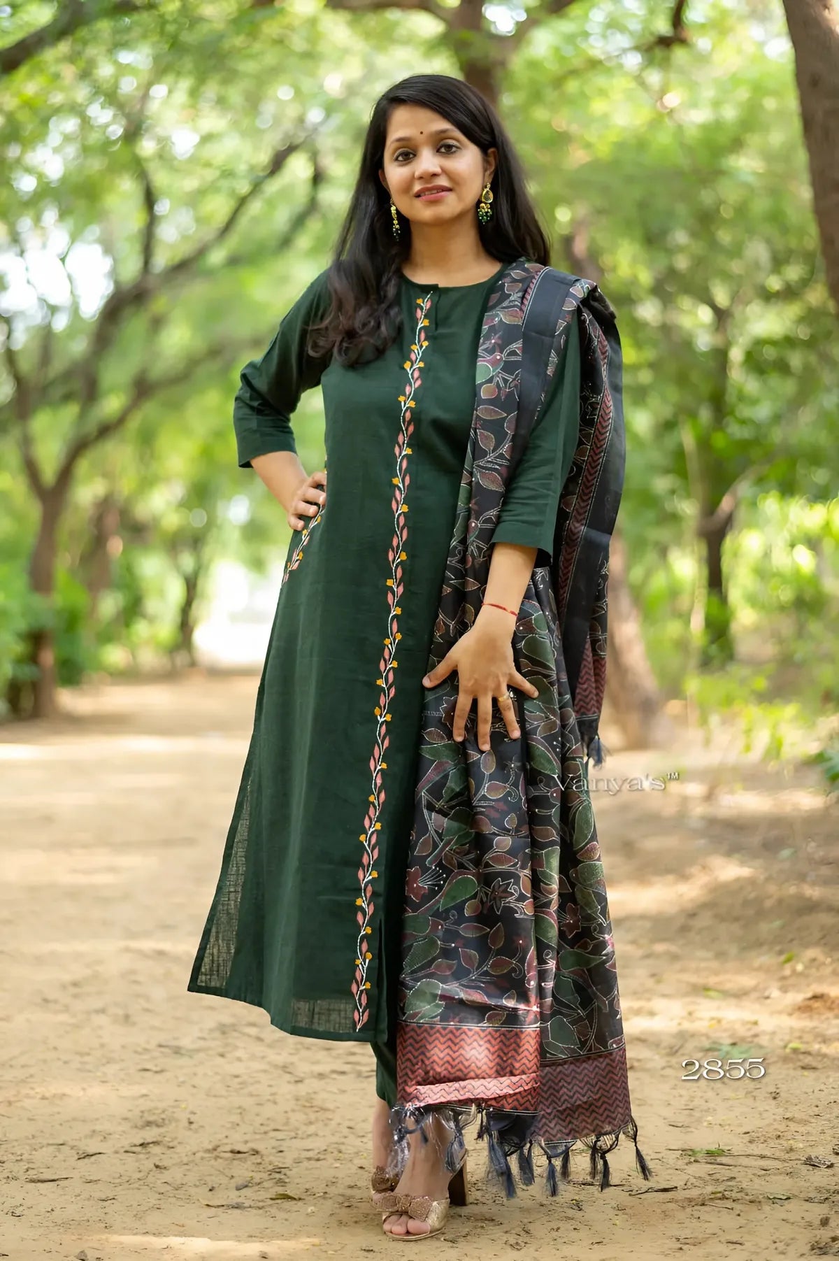 Bottle Green Handloom Cotton A-Line Suit Set For Women