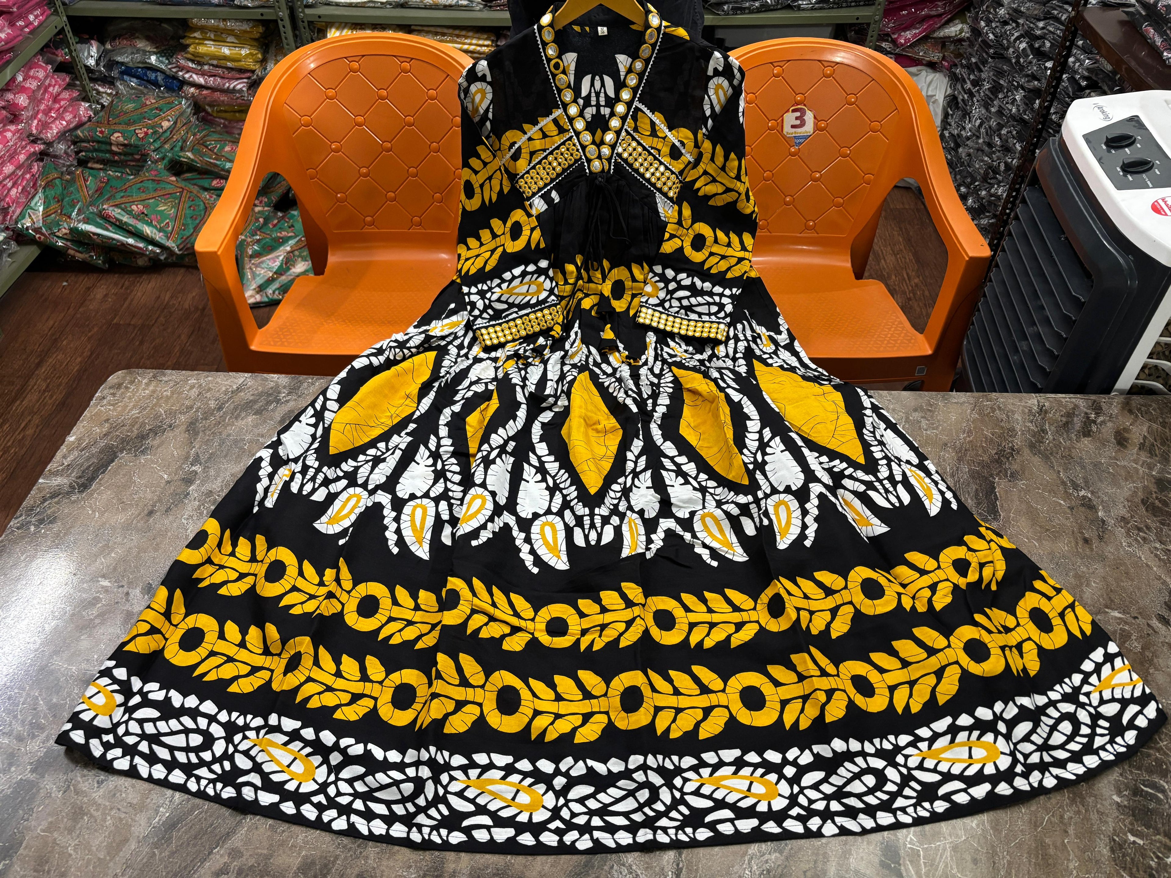 Black Cotton Embroidered Kurta Dress With Mirror Work
