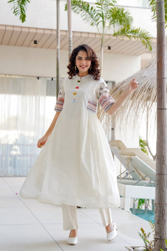 Elegant Cotton A-Line Kurta Set with Sequin Embroidery & Matching Pant  Festive Wear | Sizes M to XXXL