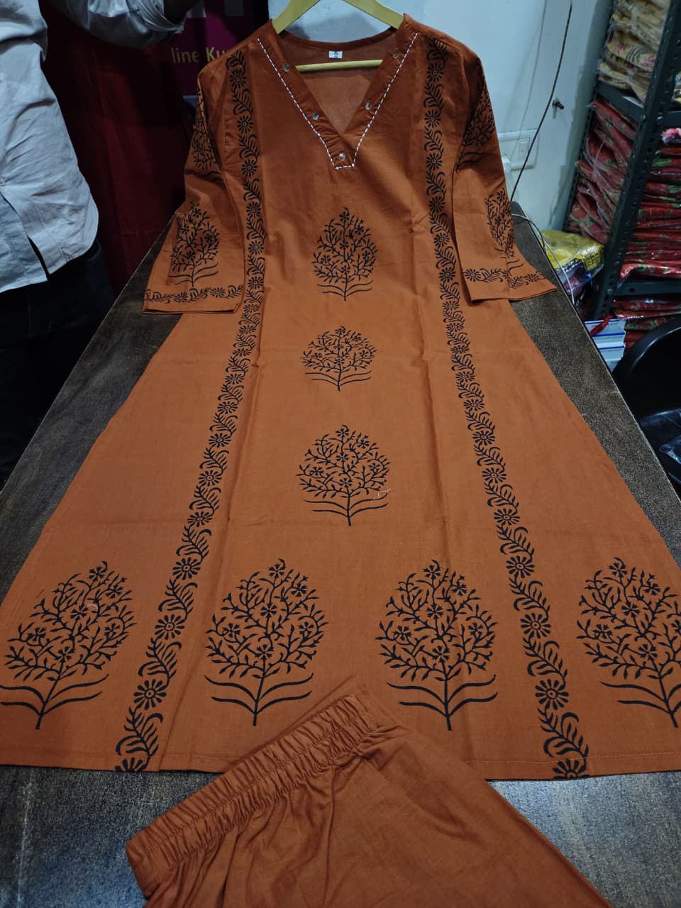 Designer Cotton Kurti Pant Set with Hand Block Print and Mirror Detailing — Elegant Two-Piece Ensemble for Festive and Everyday Wear