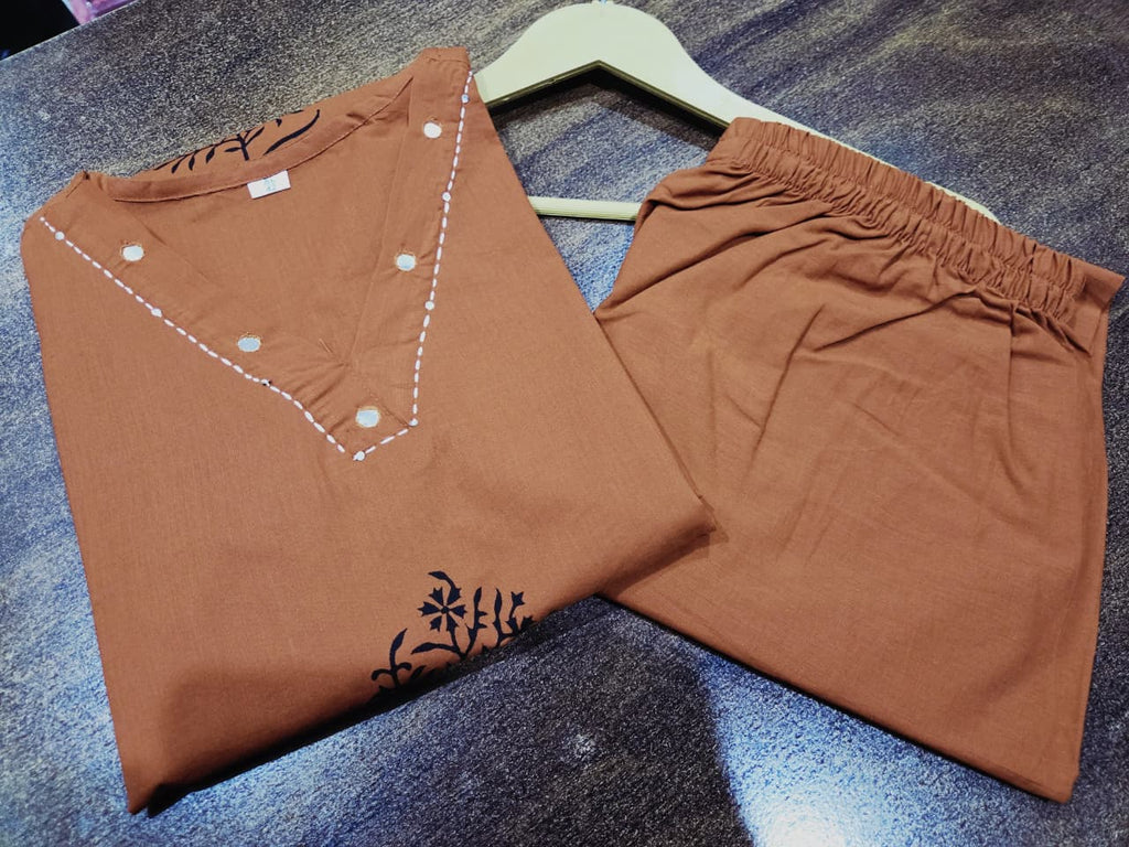 Designer Cotton Kurti Pant Set with Hand Block Print and Mirror Detailing — Elegant Two-Piece Ensemble for Festive and Everyday Wear