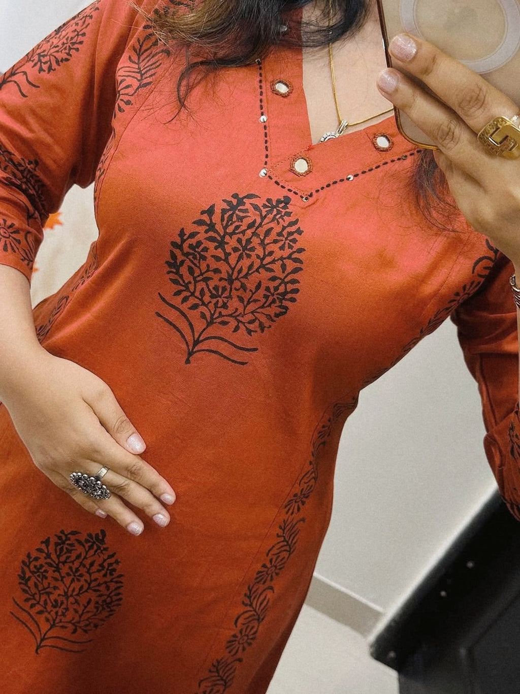 Designer Cotton Kurti Pant Set with Hand Block Print and Mirror Detailing — Elegant Two-Piece Ensemble for Festive and Everyday Wear