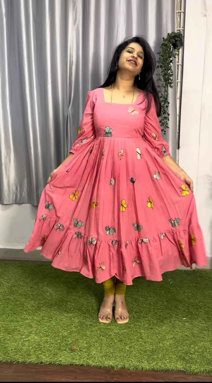 Pink Butterfly Print Cotton Kurti For Women