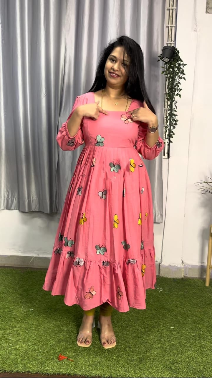 Pink Butterfly Print Cotton Kurti For Women