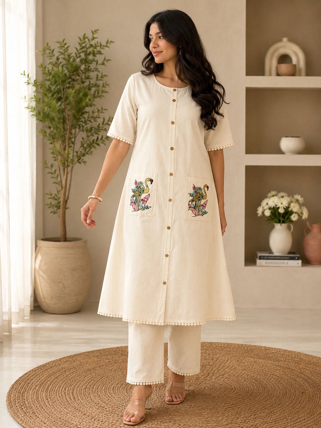 Premium Women's Cotton Flex Hand Embroidered Pocket A-Line Co-ord Set with Straight Pants