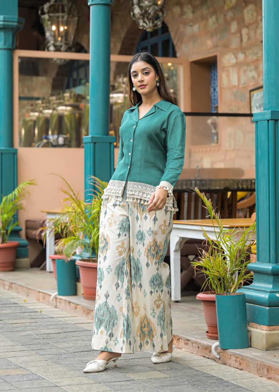 Premium Cotton Flex Co-ord Set With Elegant Shirt & Printed Palazzo