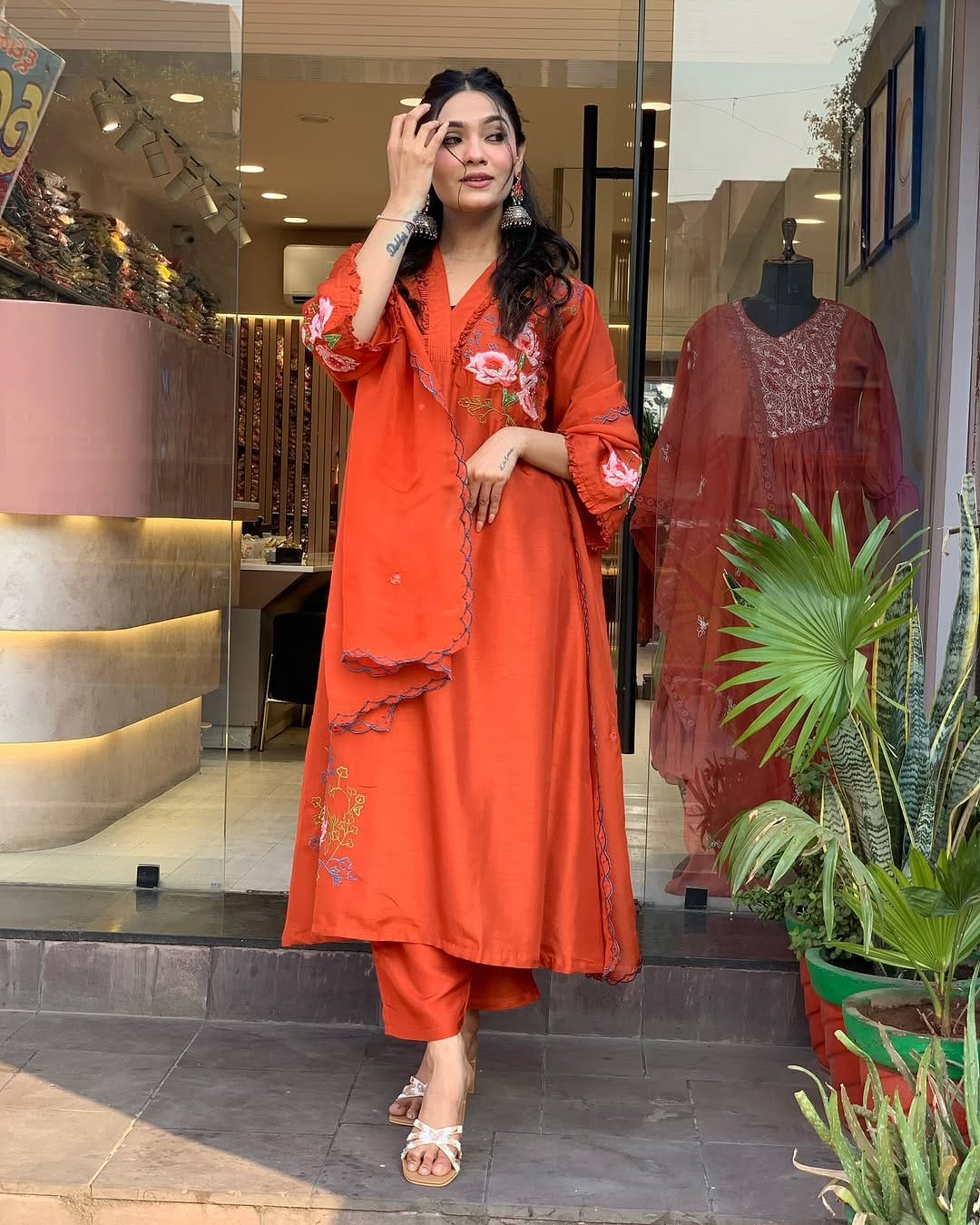 Orange Cotton Embroidered Kurti Set With Chanderi Dupatta For Women