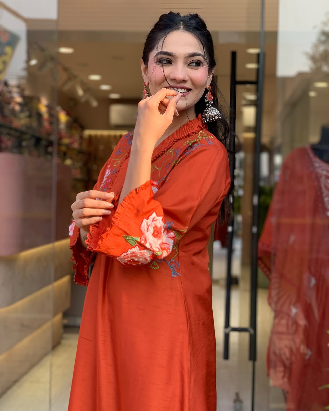 Orange Cotton Embroidered Kurti Set With Chanderi Dupatta For Women