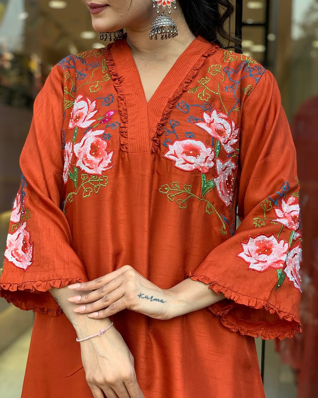 Orange Cotton Embroidered Kurti Set With Chanderi Dupatta For Women