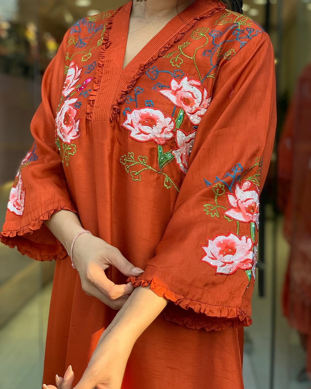 Orange Cotton Embroidered Kurti Set With Chanderi Dupatta For Women