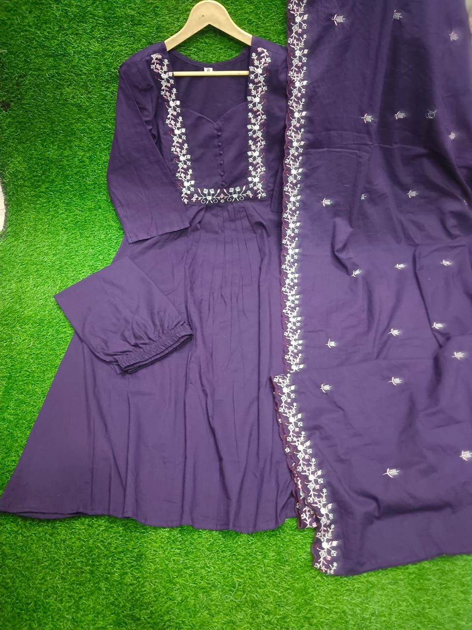 Purple Pure Cotton Embroidered Yoke Kurta Set For Women