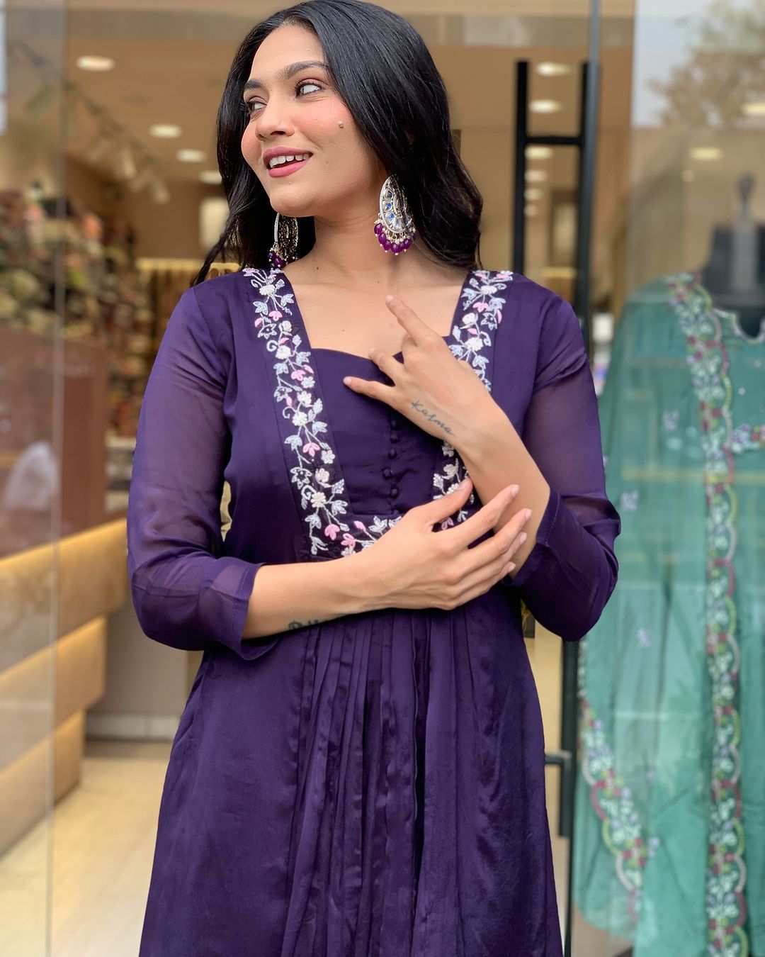 Purple Pure Cotton Embroidered Yoke Kurta Set For Women
