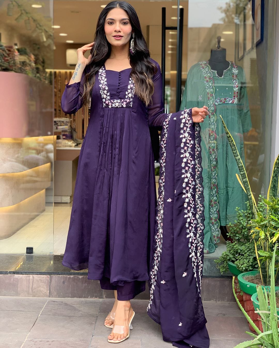 Purple Pure Cotton Embroidered Yoke Kurta Set For Women