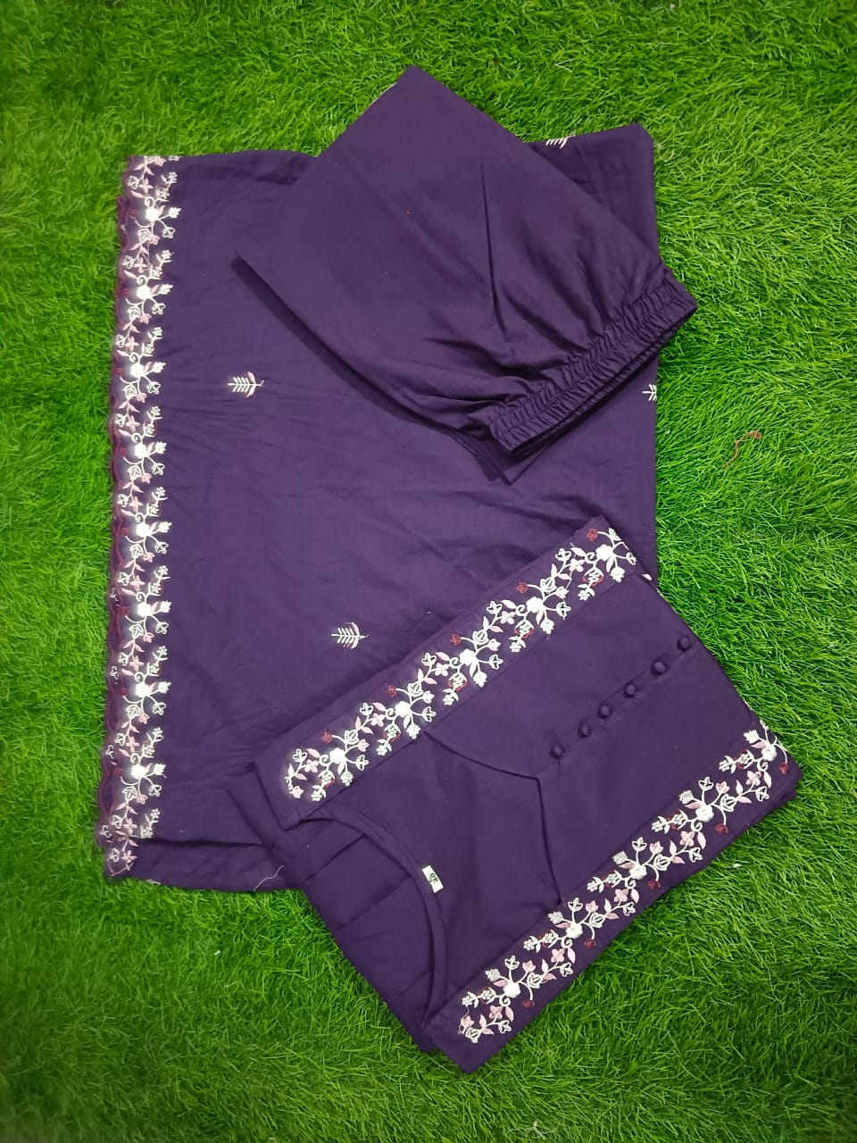 Purple Pure Cotton Embroidered Yoke Kurta Set For Women