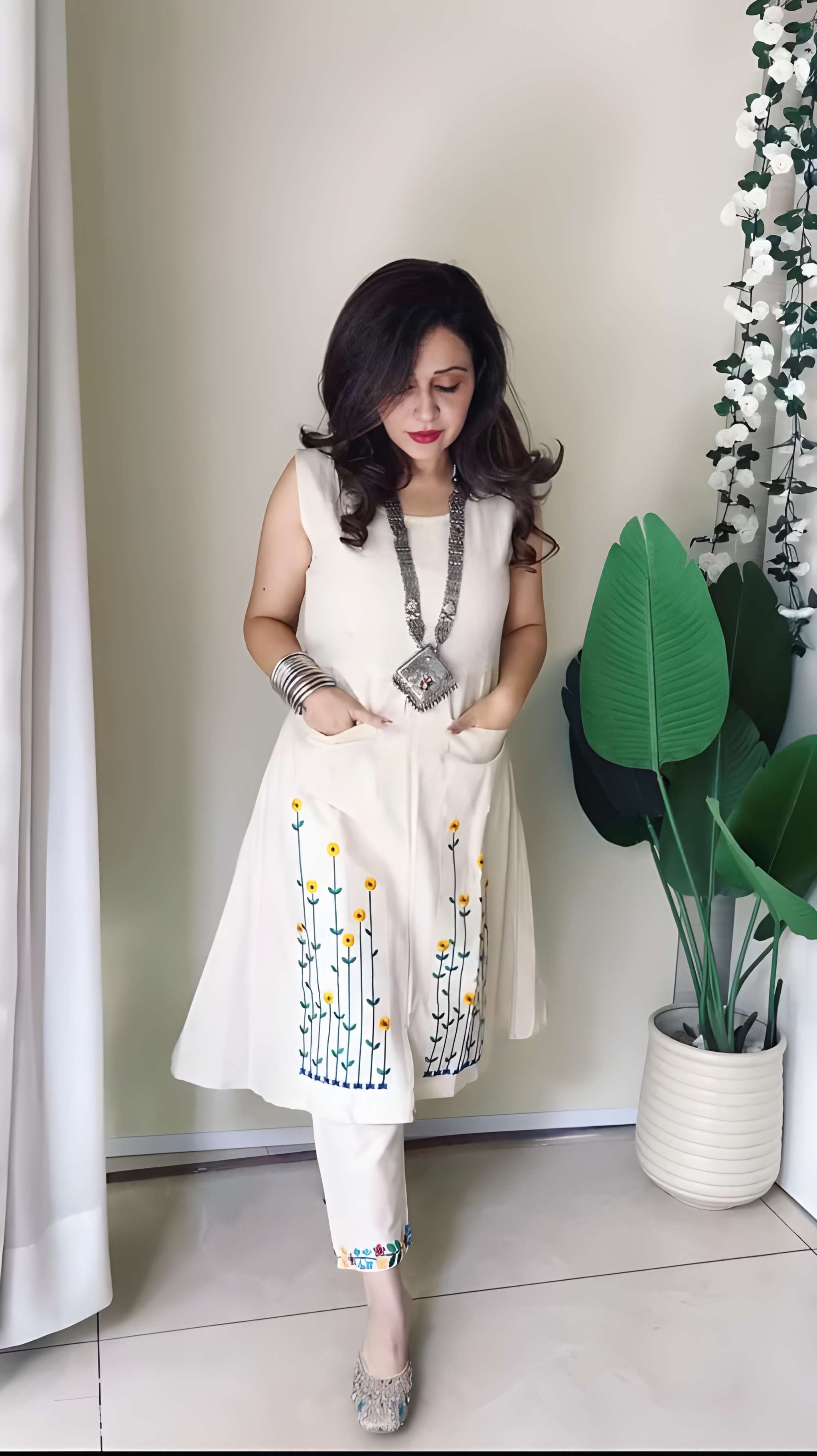 Premium sleeveless co-ord set with intricate threadwork detailing and elegant straight-fit silhouette