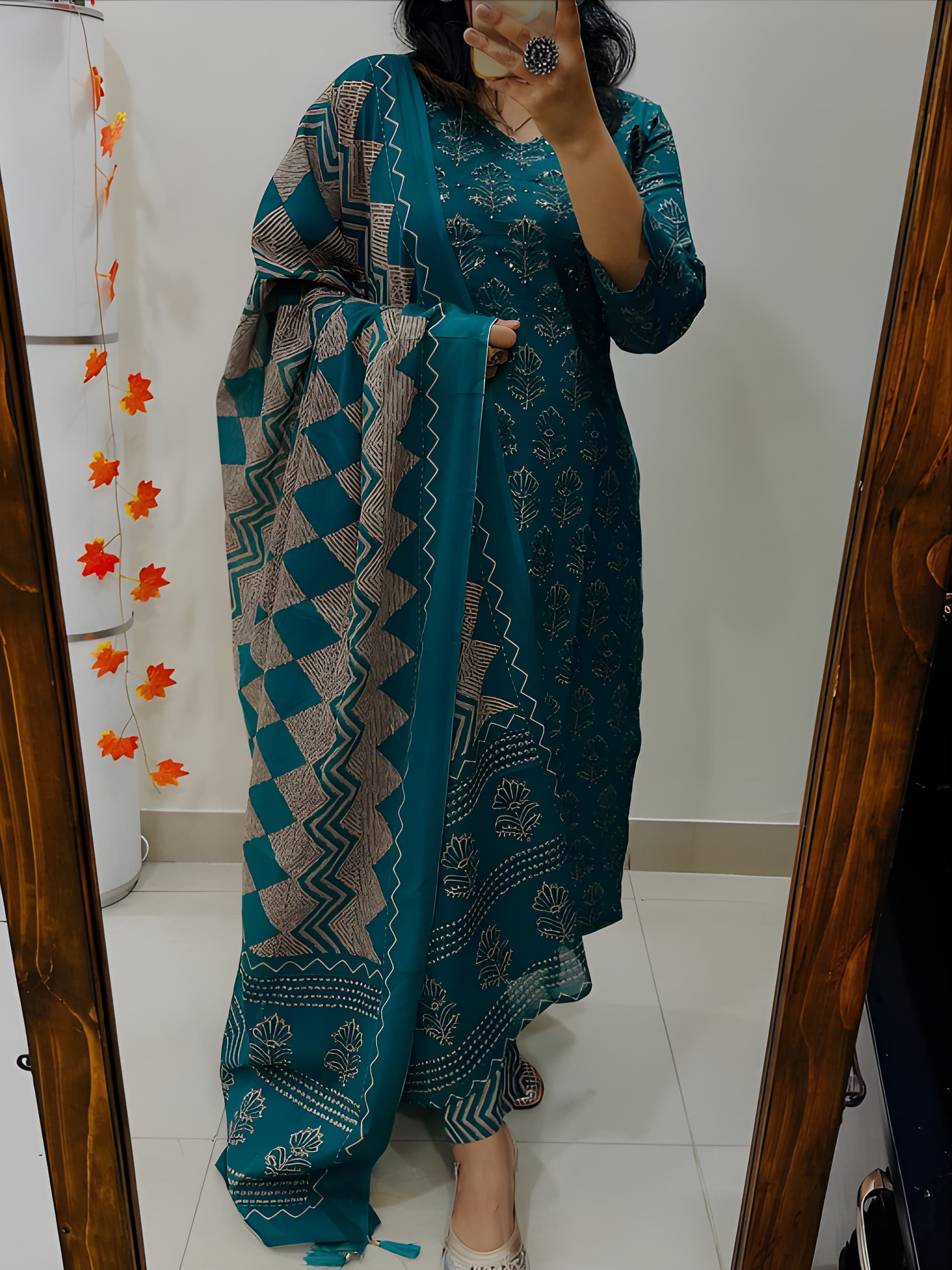 Premium cotton straight kurti set with intricate Jaipuri print and hand-crafted detailing