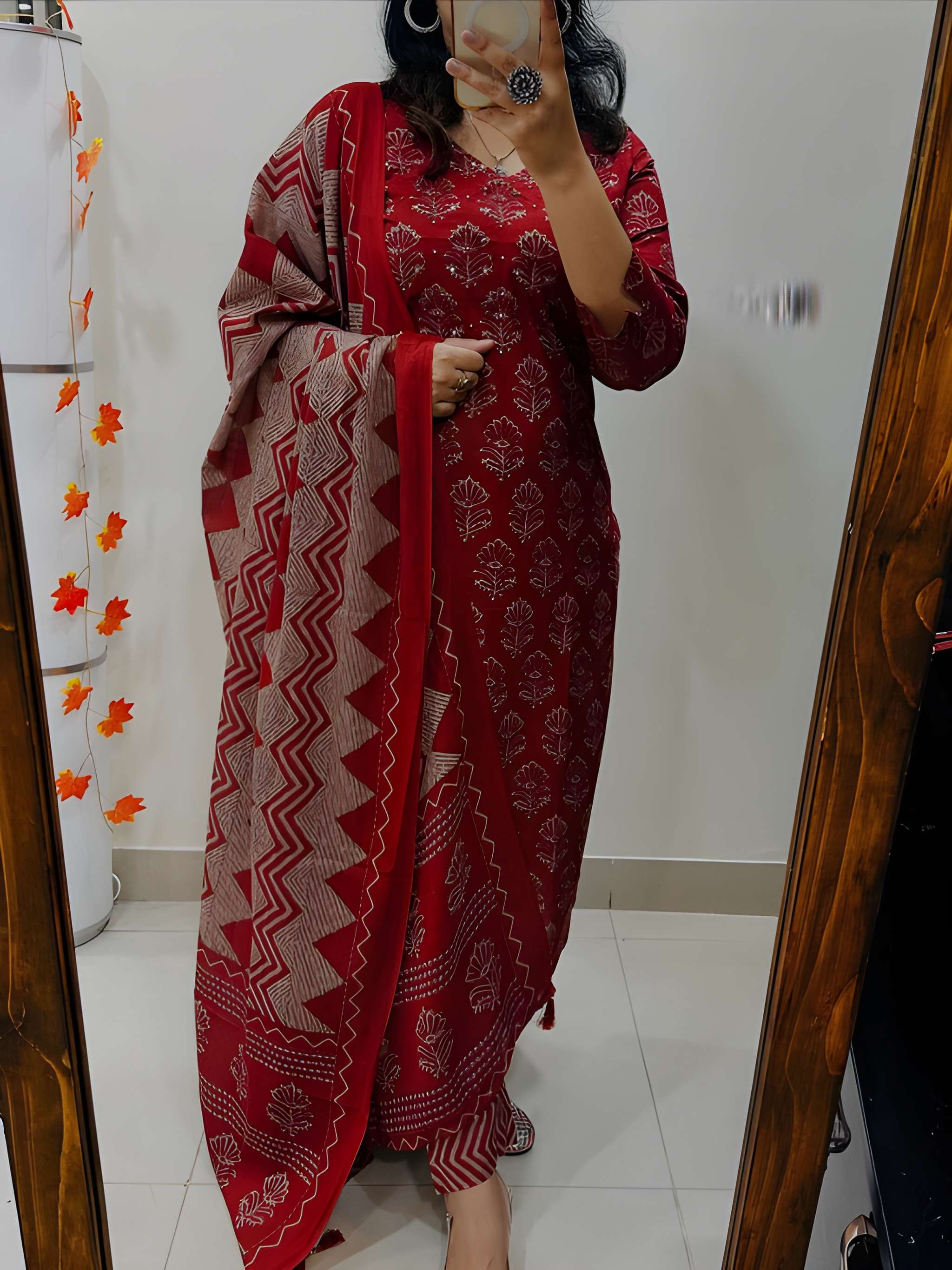 Premium cotton straight kurti set with intricate Jaipuri print and hand-crafted detailing