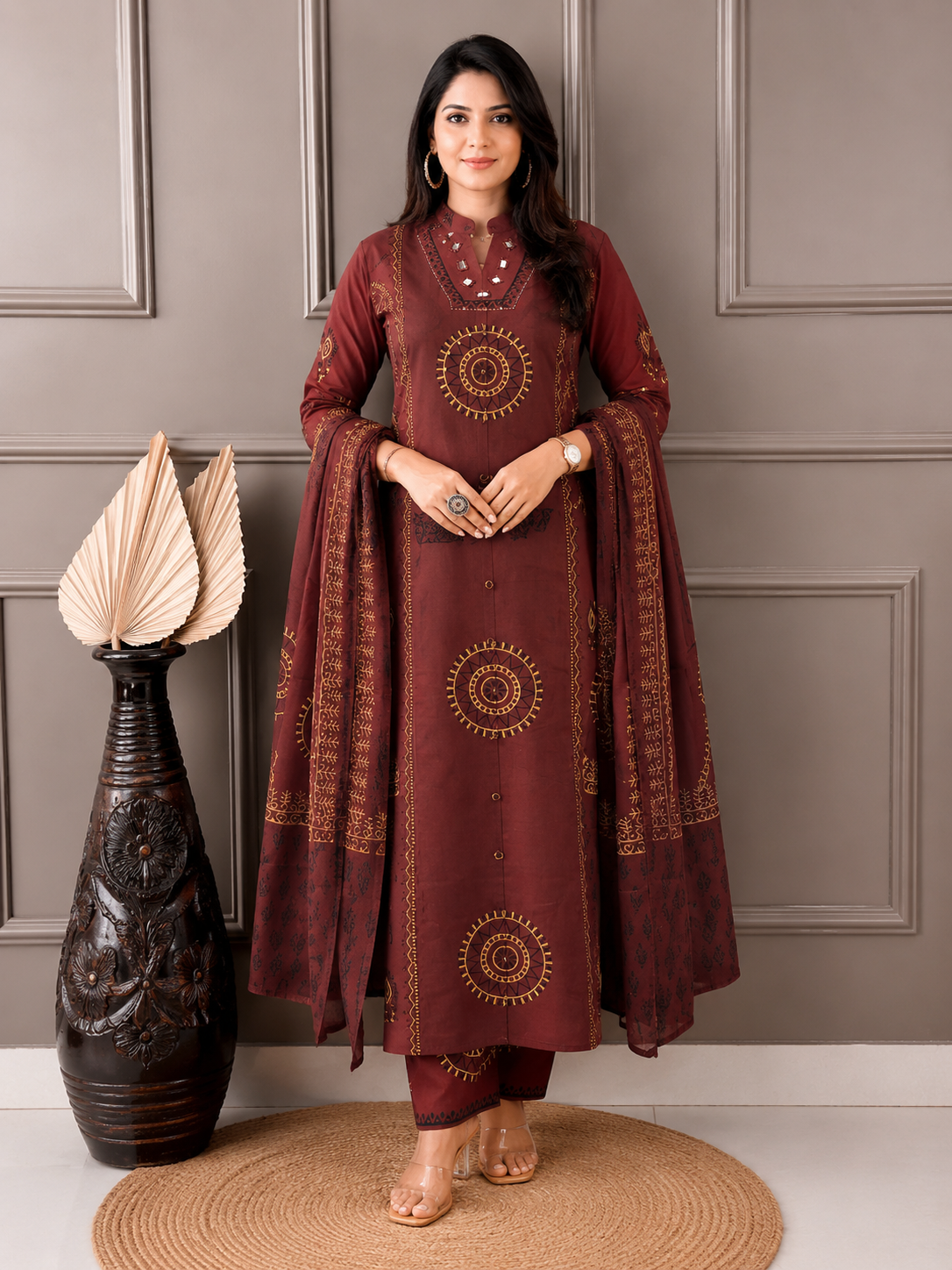 Premium cotton kurti pant dupatta set with handcrafted mirror embellishment and festive elegance