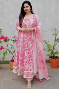 Womens Fashionable Printed Kurti Set with Dupatta & Pants  Elegant Pink Ensemble