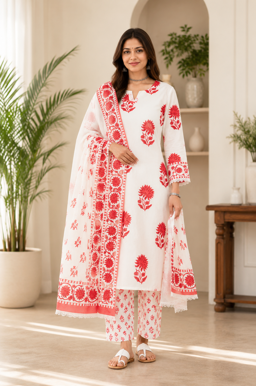 Women's Lace Work Cotton Kurta Palazzo & Mulmul Dupatta Ethnic Set