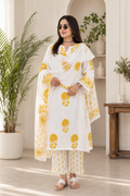 Women's Lace Work Cotton Kurta Palazzo & Mulmul Dupatta Ethnic Set