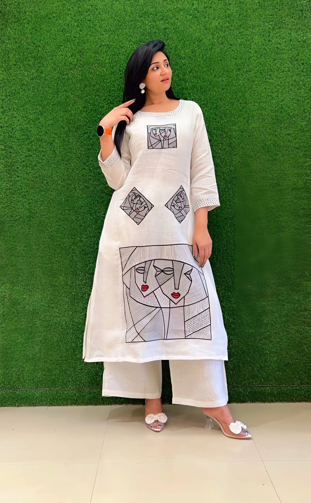Stylish Cotton Flex Embroidered Coord Set  Casual Wear Top & Plazzo | White & Black | 2-Piece Set