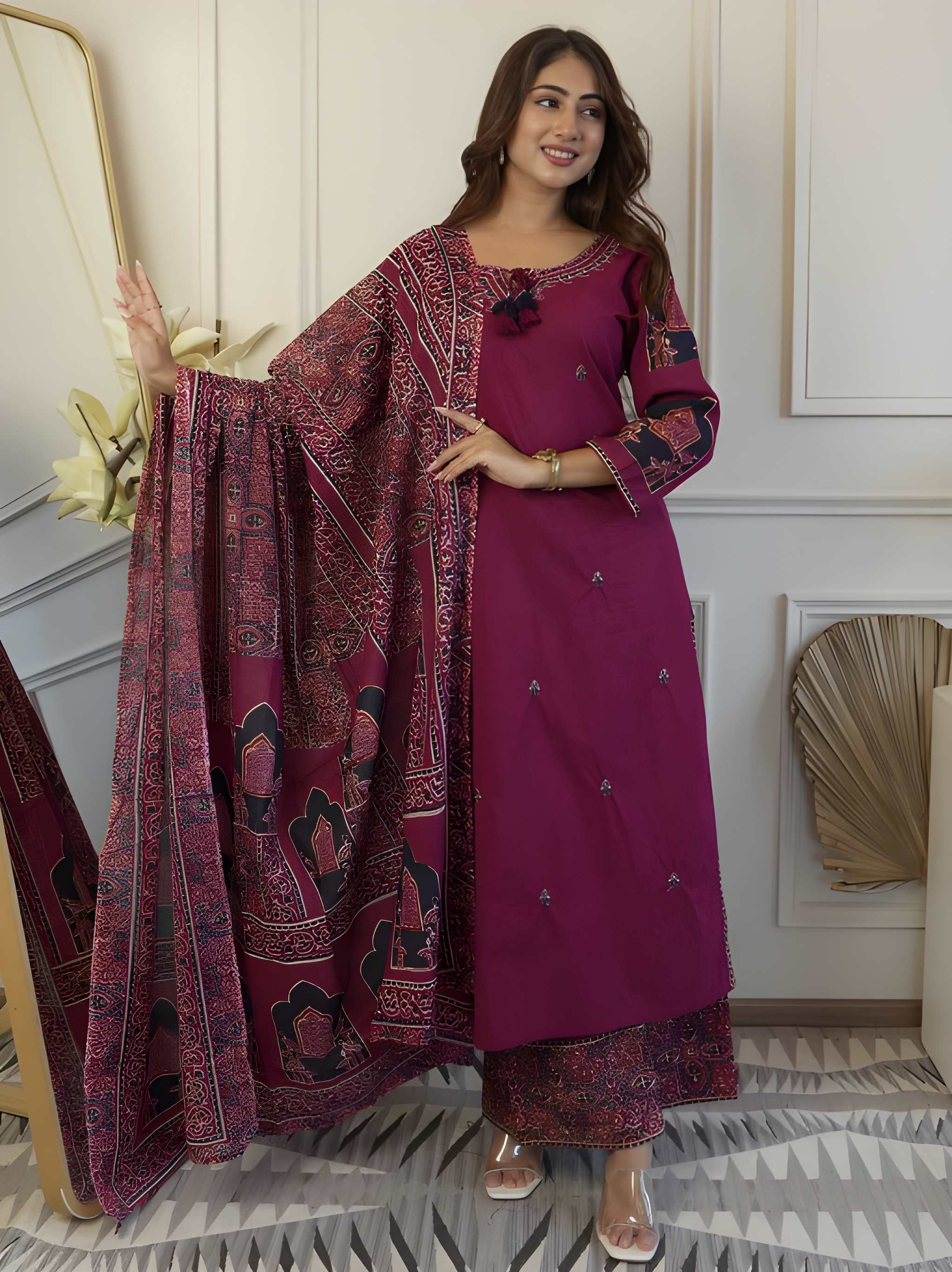 Premium heavy cotton kurta set with detailed neckline embroidery and coordinated pant and dupatta