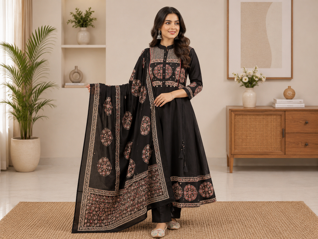 Women's Printed Cotton Anarkali Kurta Pant Dupatta Set with Sequence Katha Work