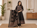 Women's Printed Cotton Anarkali Kurta Pant Dupatta Set with Sequence Katha Work