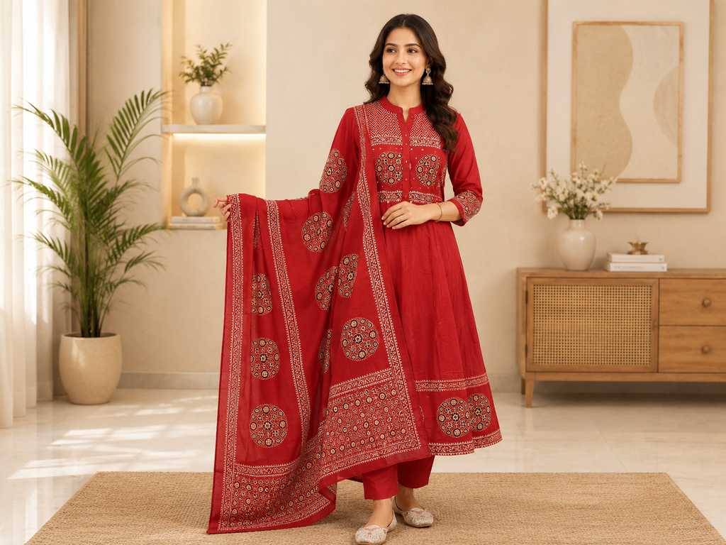 Women's Printed Cotton Anarkali Kurta Pant Dupatta Set with Sequence Katha Work