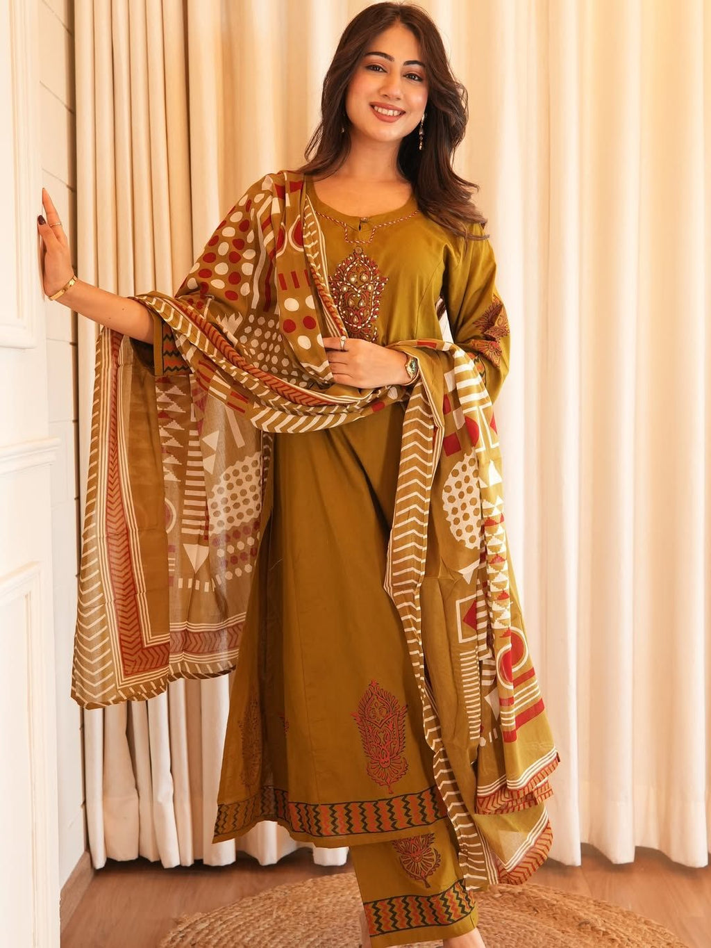 Pure Cotton A-Line Kurta Set with Handcrafted Neck Work — Elegant Three-Piece Ensemble with Cotton Dupatta and Pants