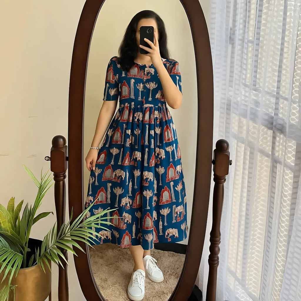 Chic Blue Cotton Puff Sleeve Midi Dress  Summer Collection Launch