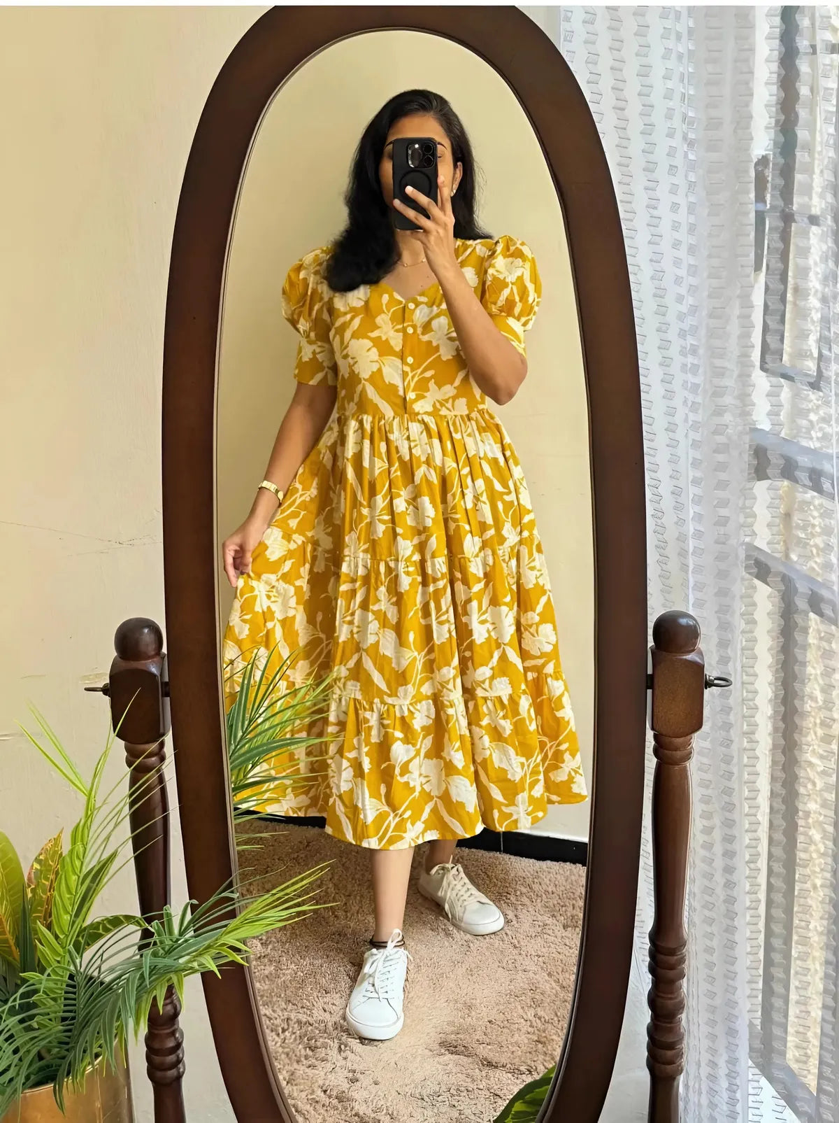Cotton Puff Sleeve Midi Dress | Comfortable Summer Wear for Women | Stylish Everyday Outfit | Sizes 38 to 44