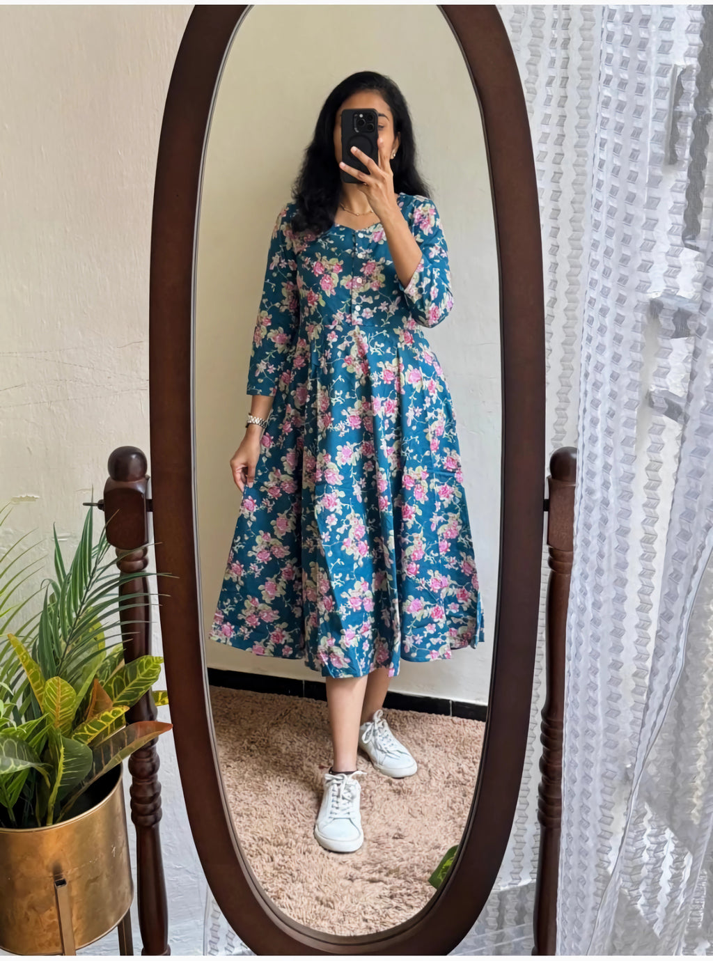 Beautiful Cotton Midi Kurti with Puff Sleeves - Floral Print