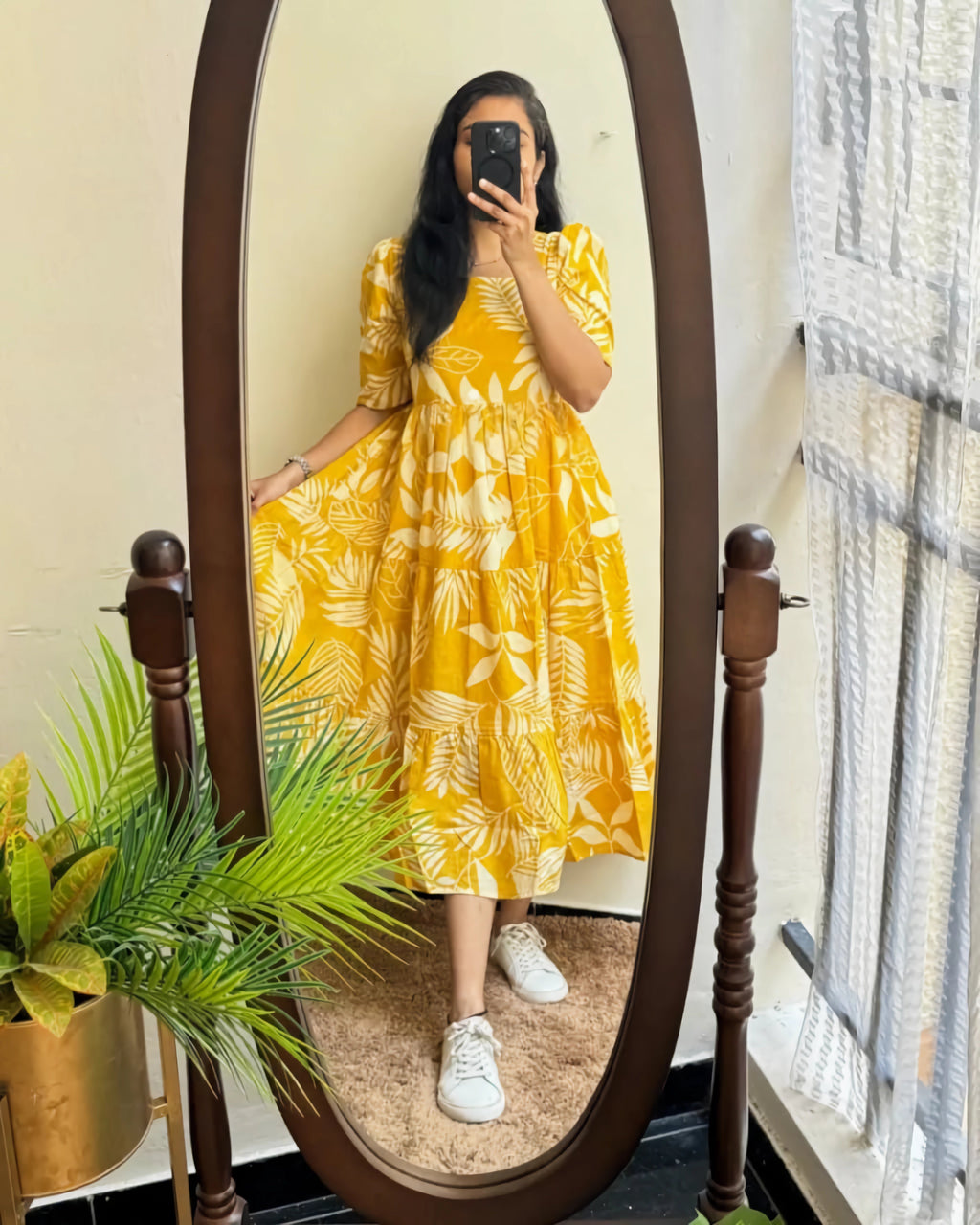 Beautiful Yellow Cotton Midi Kurti with Floral Print and Puff Sleeves