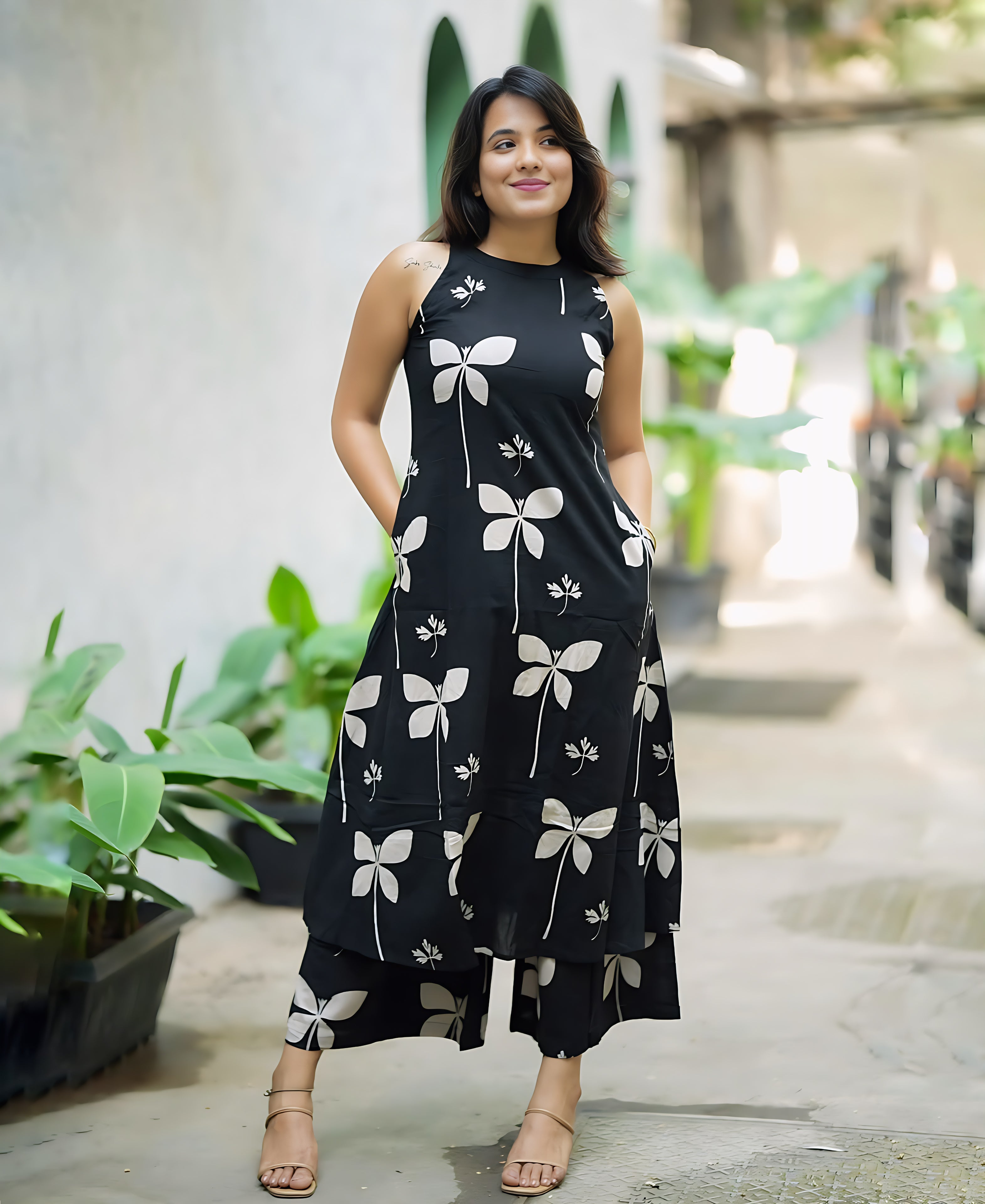Elegant Printed A-Line Halter Neck Kurta Palazzo Set
